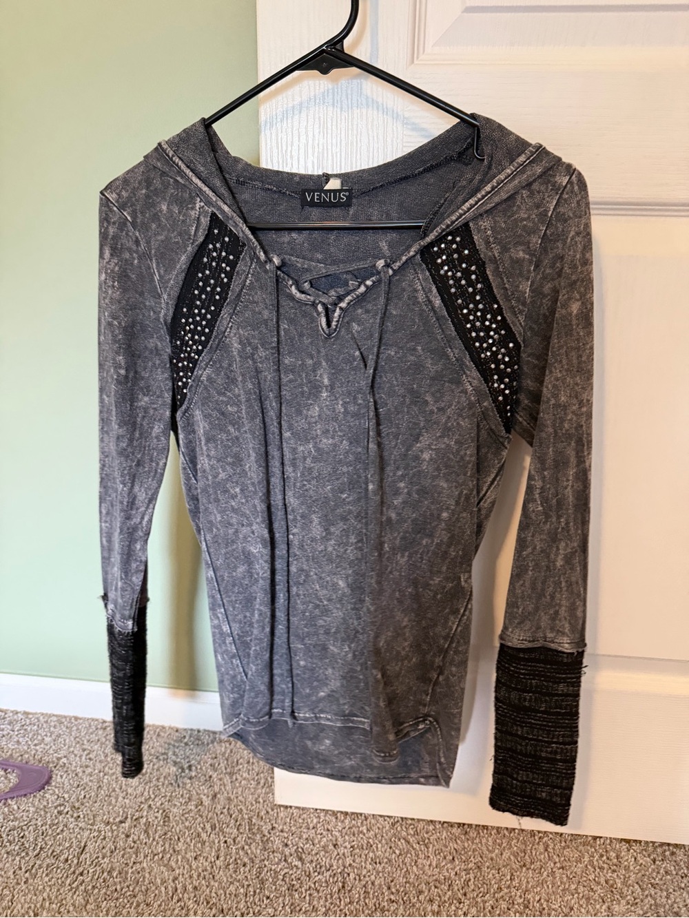 VENUS Washed Charcoal Hooded Lace-Up Sweatshirt with Studded Mesh Insets